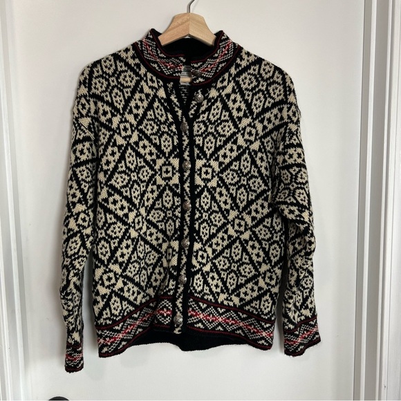L.L. Bean Sweaters - L.L. Bean Vintage Nordic Fair Isle Black Cream‎ Red Wool Blend Cardigan, Size S